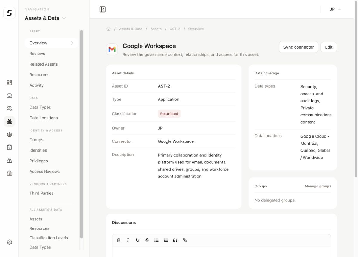 Superviso asset record showing its description, ownership, connector, classification, and data coverage