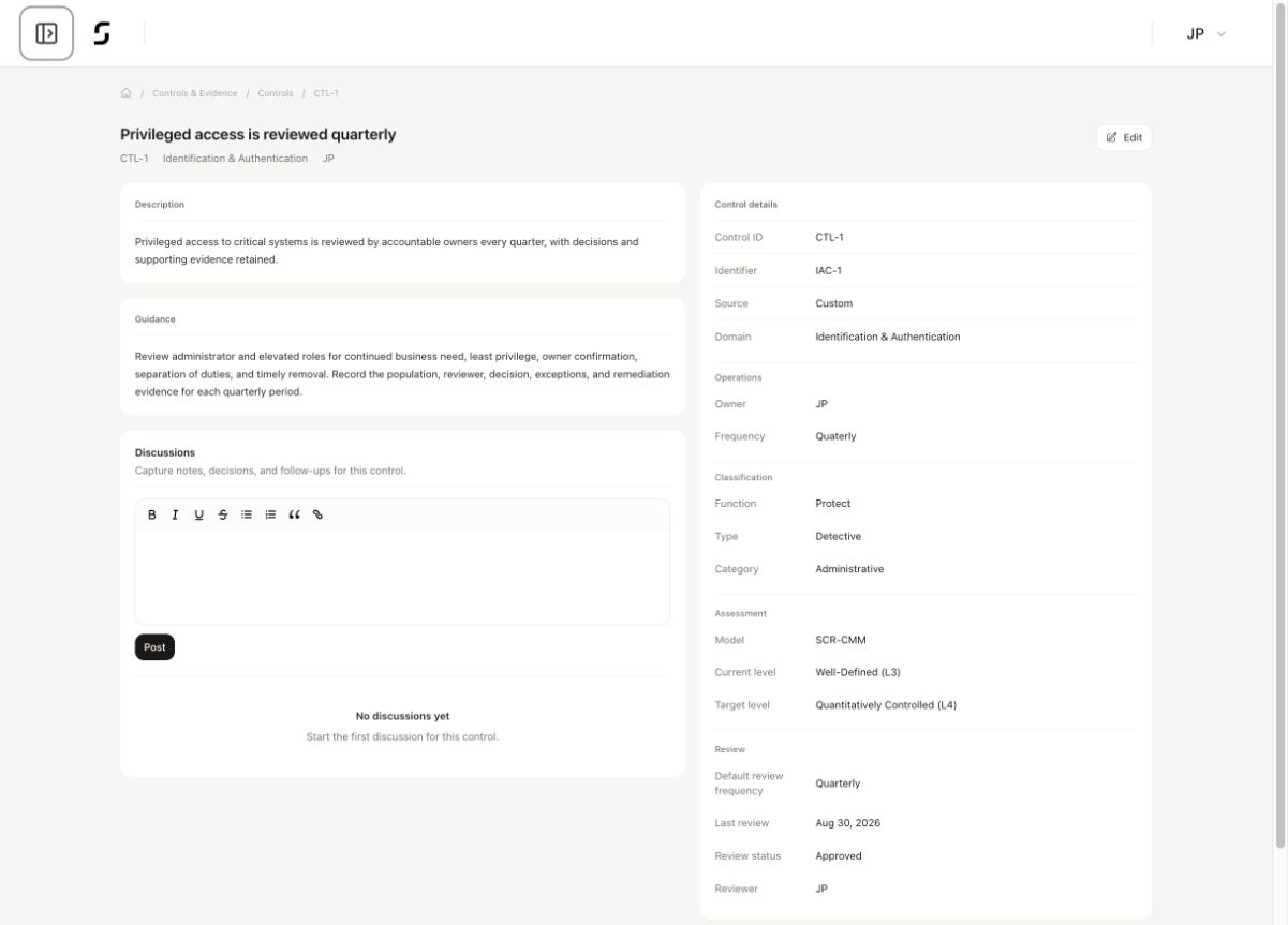 Superviso control record showing its definition, operation, classification, maturity assessment, and review
