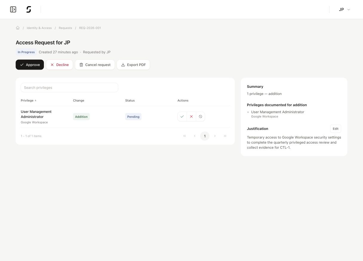 Superviso access request showing a pending privilege addition and its review actions