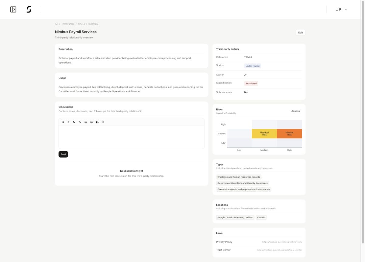 Superviso third-party overview showing payroll usage, assessment risk, classification, data types, locations, and links