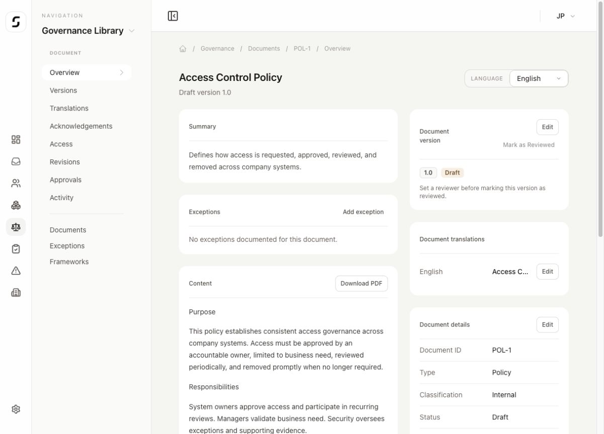 Superviso policy record with content, version, translation, classification, and lifecycle navigation