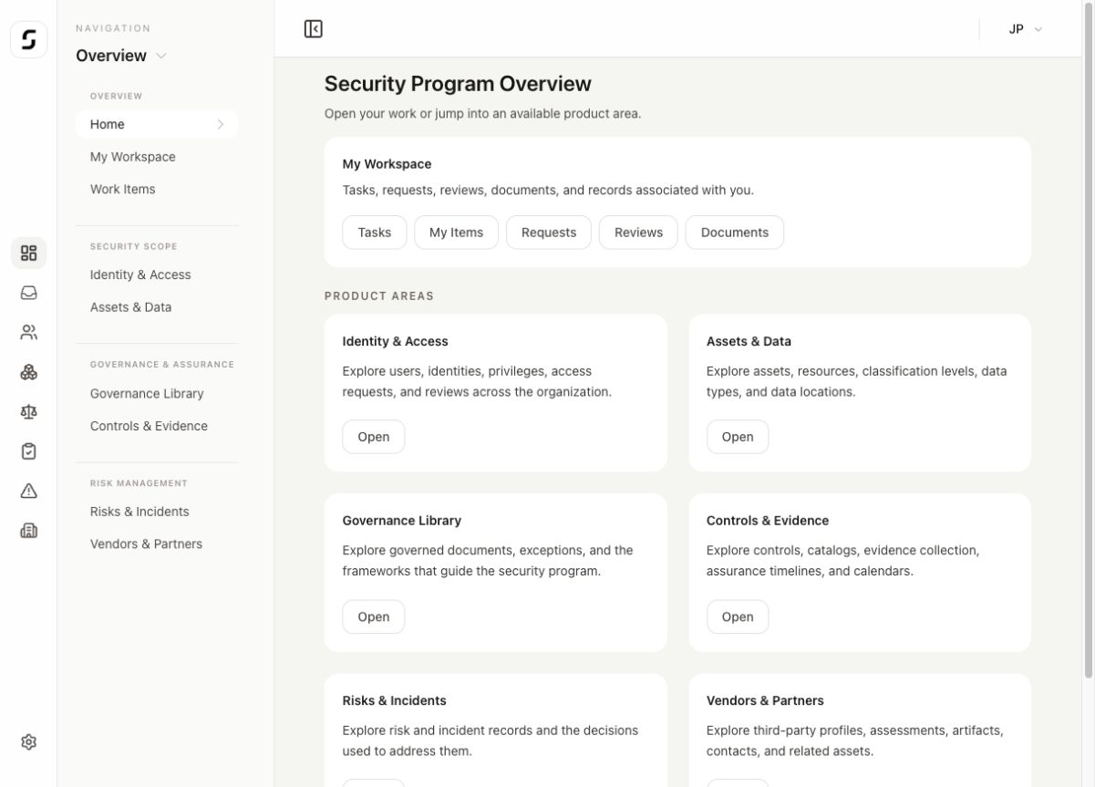 Superviso Security Program Overview with My Workspace and six connected product areas